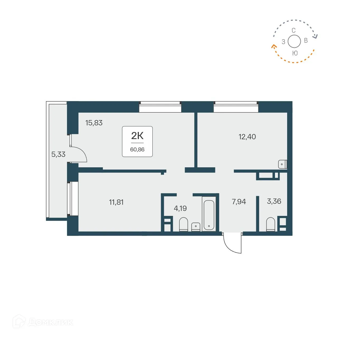 Планировка 2-комнатной квартиры 61.1 м² в ЖК Квартал на Игарской, г. Новосибирск — фото 1