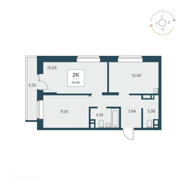 Планировка 2 комн. в ЖК Квартал на Игарской