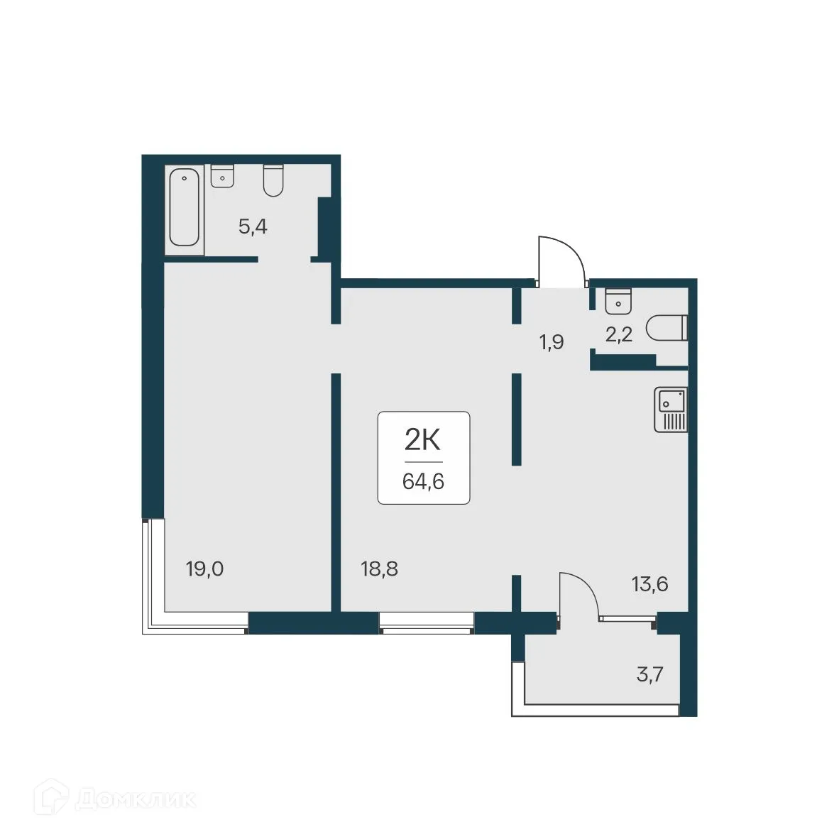 Планировка 2-комнатной квартиры 64.6 м² в ЖК Квартал на Игарской, г. Новосибирск — фото 1