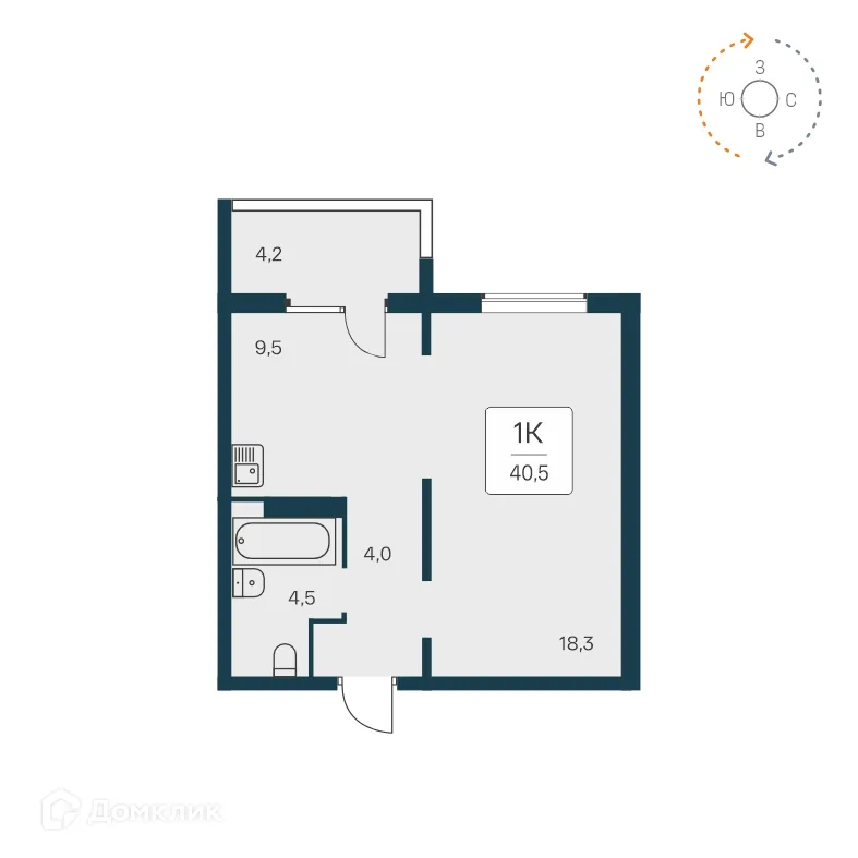 Планировка 1-комнатной квартиры 40.1 м² в ЖК Квартал на Игарской, г. Новосибирск — фото 1