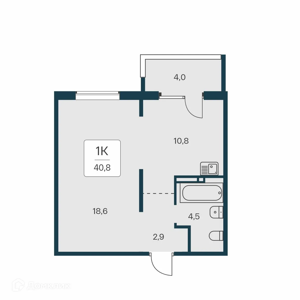 Планировка 1-комнатной квартиры 40.8 м² в ЖК Квартал на Игарской, г. Новосибирск — фото 1