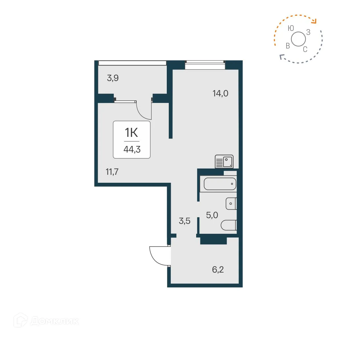Планировка 1-комнатной квартиры 44.3 м² в ЖК Квартал на Игарской, г. Новосибирск — фото 1