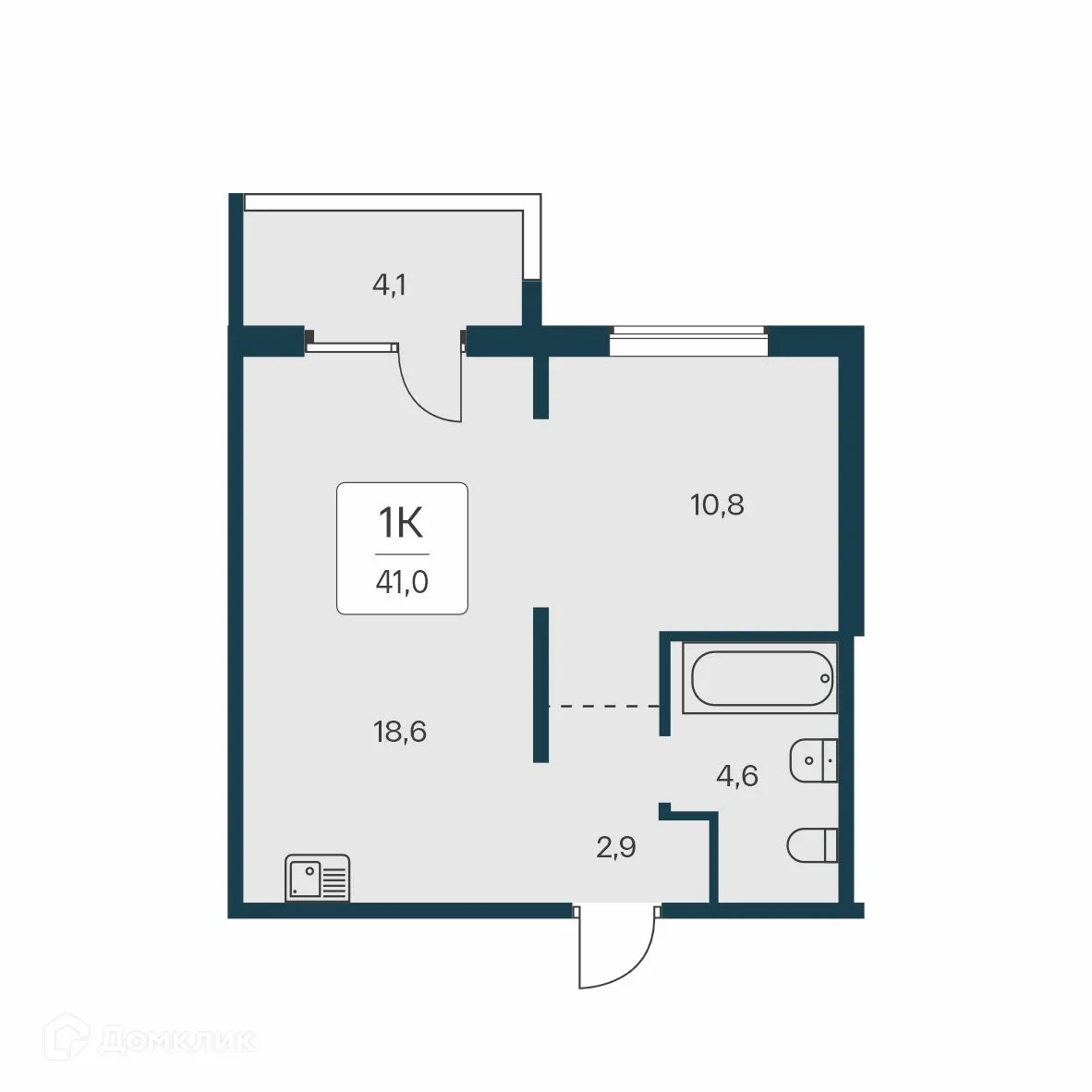 Планировка 1-комнатной квартиры 41 м² в ЖК Квартал на Игарской, г. Новосибирск — фото 1