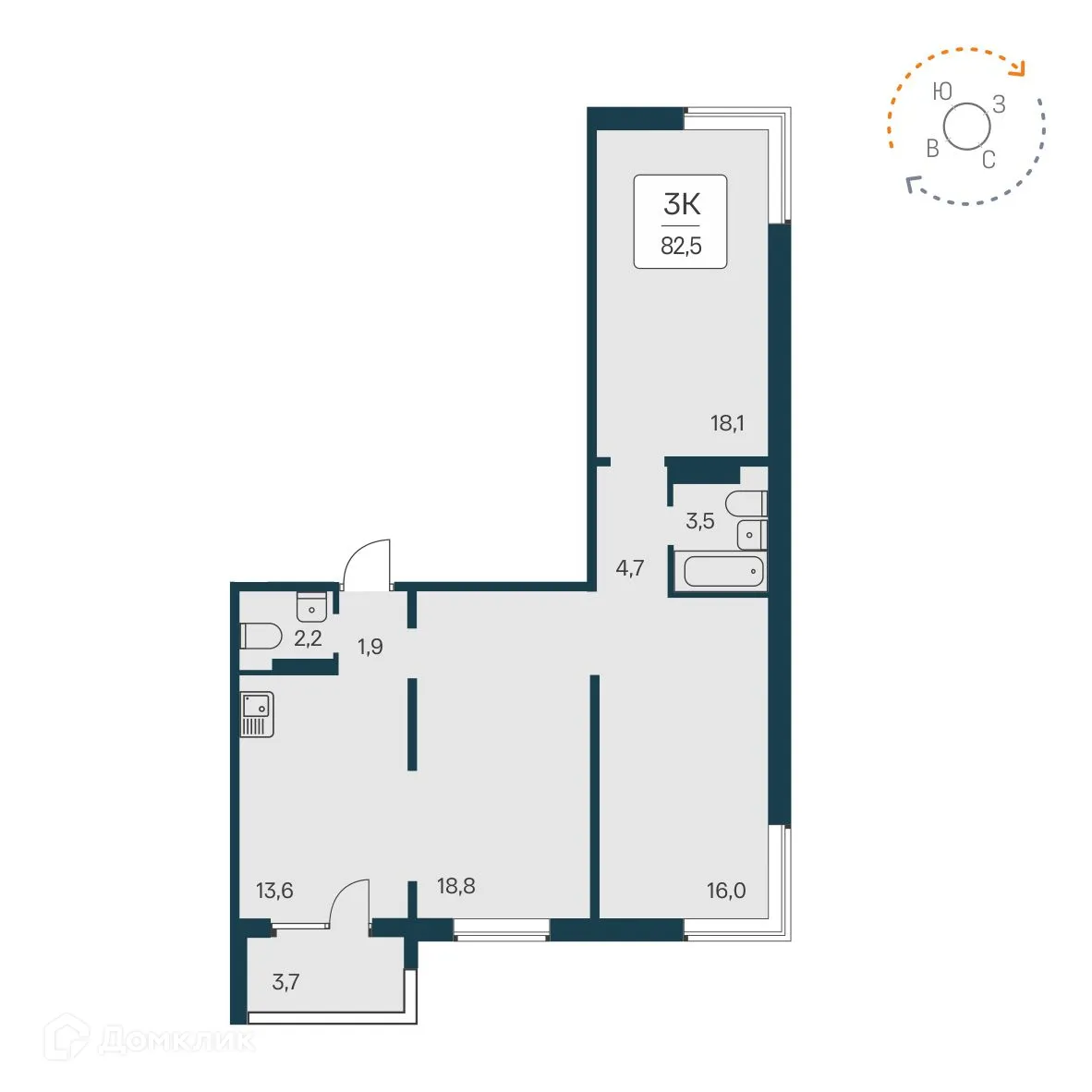 Планировка 3-комнатной квартиры 82.5 м² в ЖК Квартал на Игарской, г. Новосибирск — фото 1