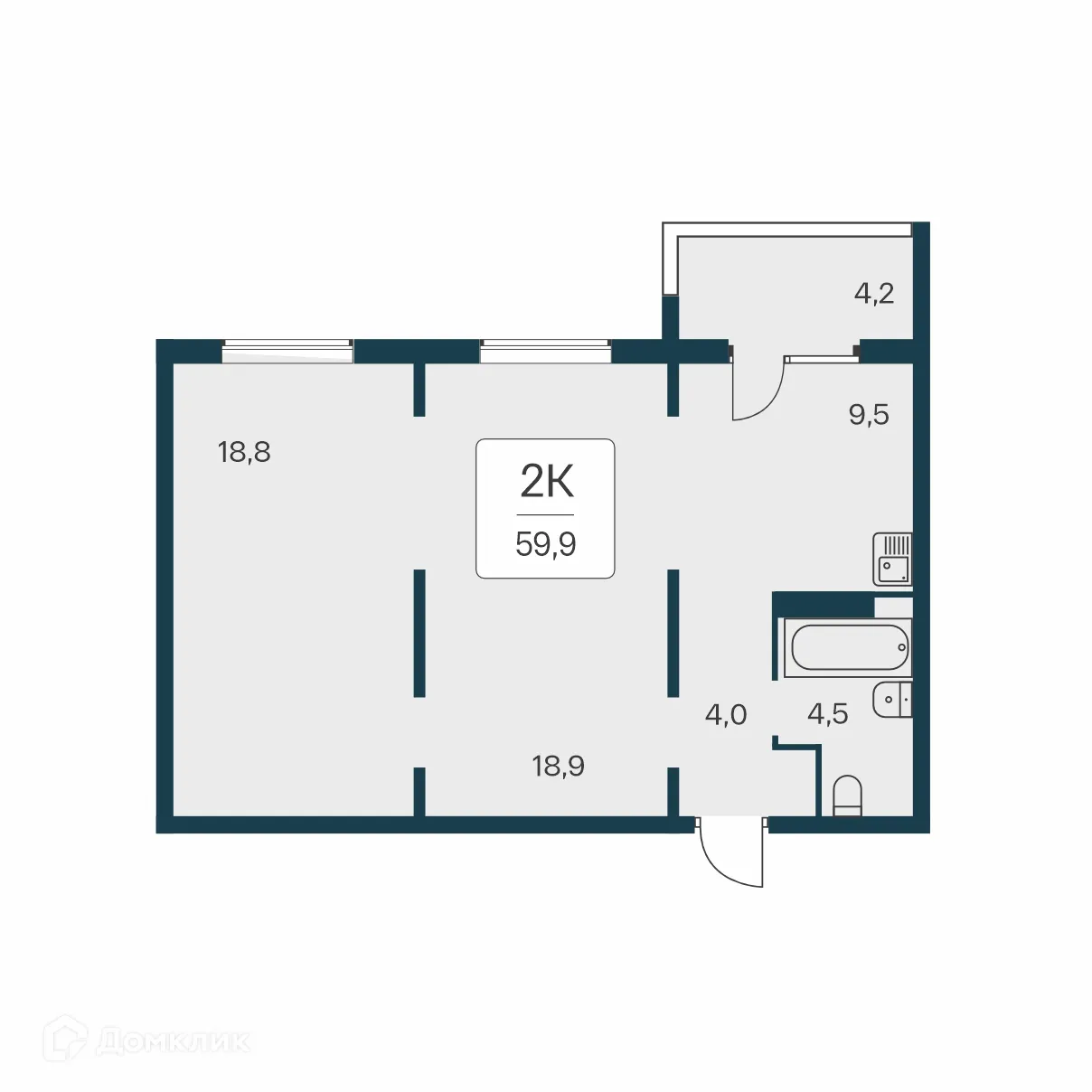 Планировка 2-комнатной квартиры 59.3 м² в ЖК Квартал на Игарской, г. Новосибирск — фото 1
