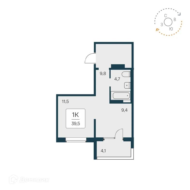 Планировка 1-комнатной квартиры 39.7 м² в ЖК Квартал на Игарской, г. Новосибирск — фото 1