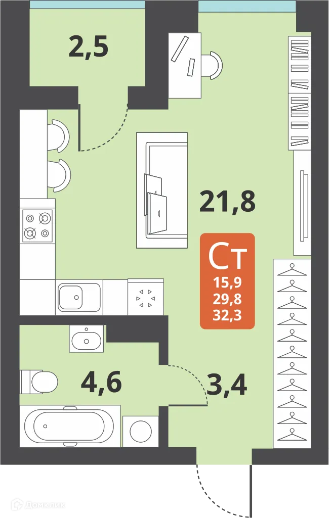 Планировка студии квартиры 29.8 м² в ЖК Тайгинский парк, г. Новосибирск — фото 1