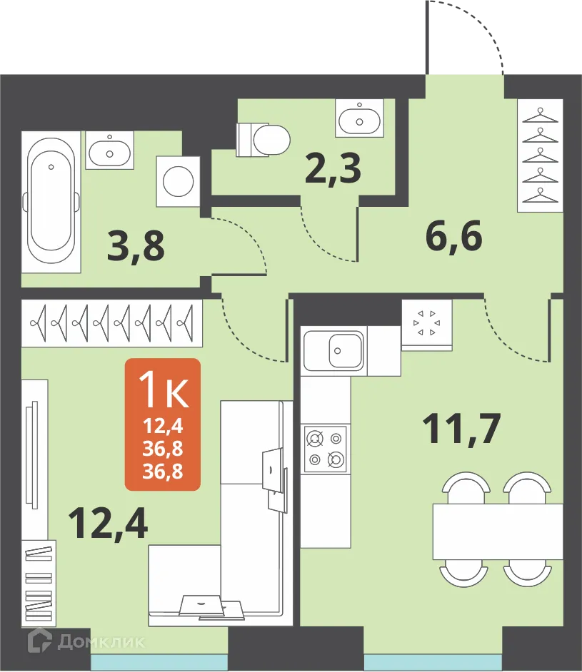 Планировка 1-комнатной квартиры 36.7 м² в ЖК Тайгинский парк, г. Новосибирск — фото 1