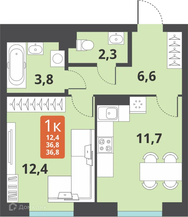 Планировка 1 комн. в ЖК Тайгинский парк