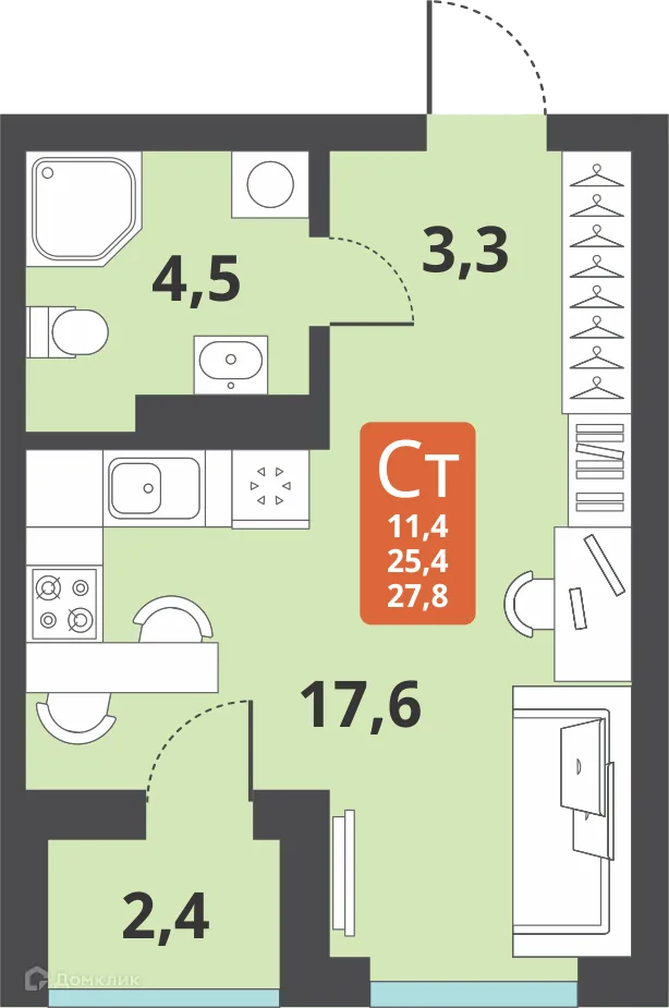 Планировка студии квартиры 25.4 м² в ЖК Тайгинский парк, г. Новосибирск — фото 1