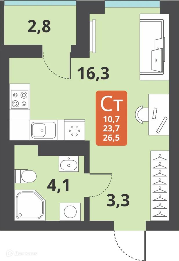 Планировка студии квартиры 23.7 м² в ЖК Тайгинский парк, г. Новосибирск — фото 1