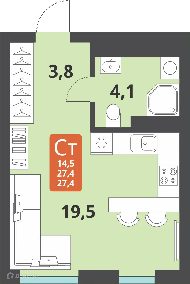 Планировка студии квартиры 27.4 м² в ЖК Тайгинский парк, г. Новосибирск — фото 1
