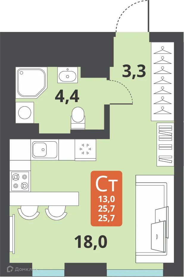 Планировка студии квартиры 25.7 м² в ЖК Тайгинский парк, г. Новосибирск — фото 1