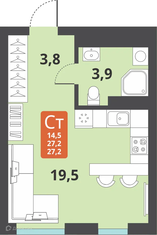 Планировка студии квартиры 27.2 м² в ЖК Тайгинский парк, г. Новосибирск — фото 1