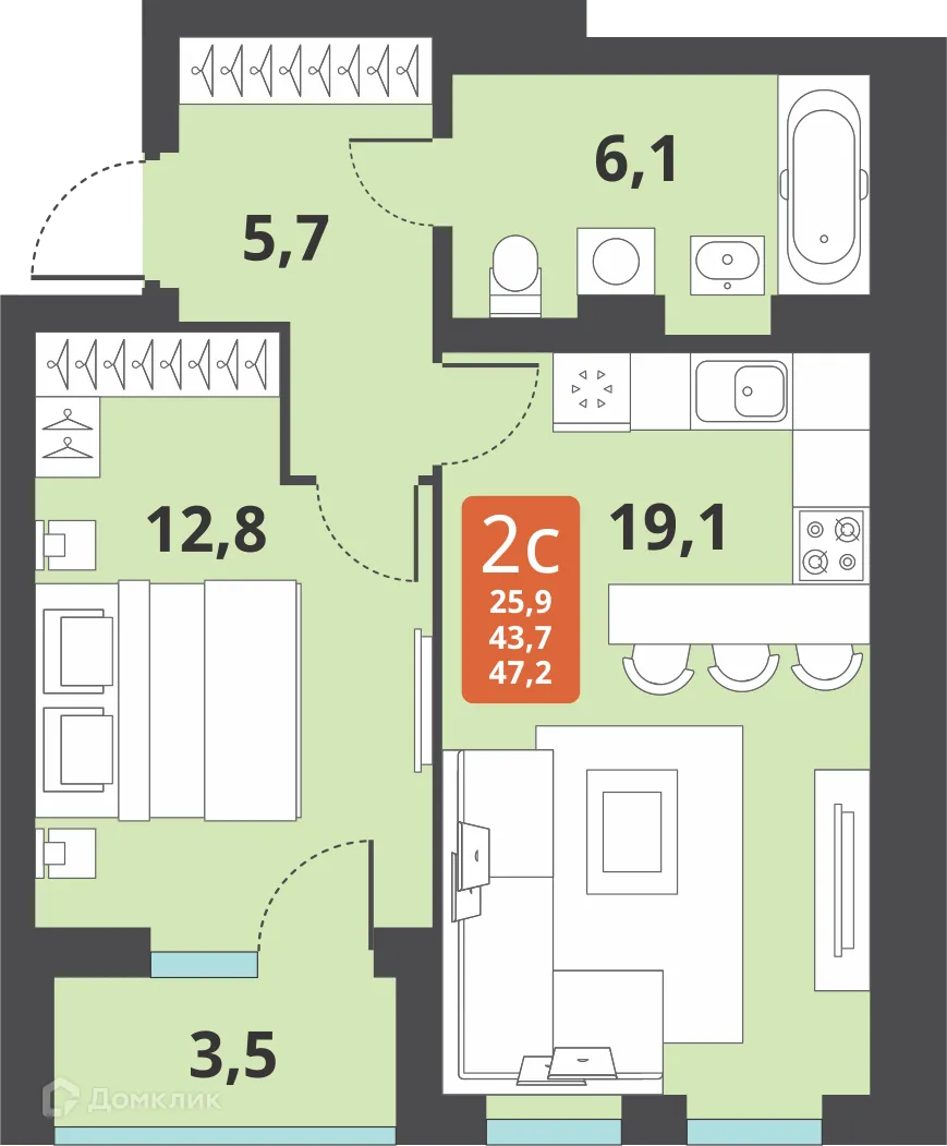 Планировка 2-комнатной квартиры 43.7 м² в ЖК Тайгинский парк, г. Новосибирск — фото 1