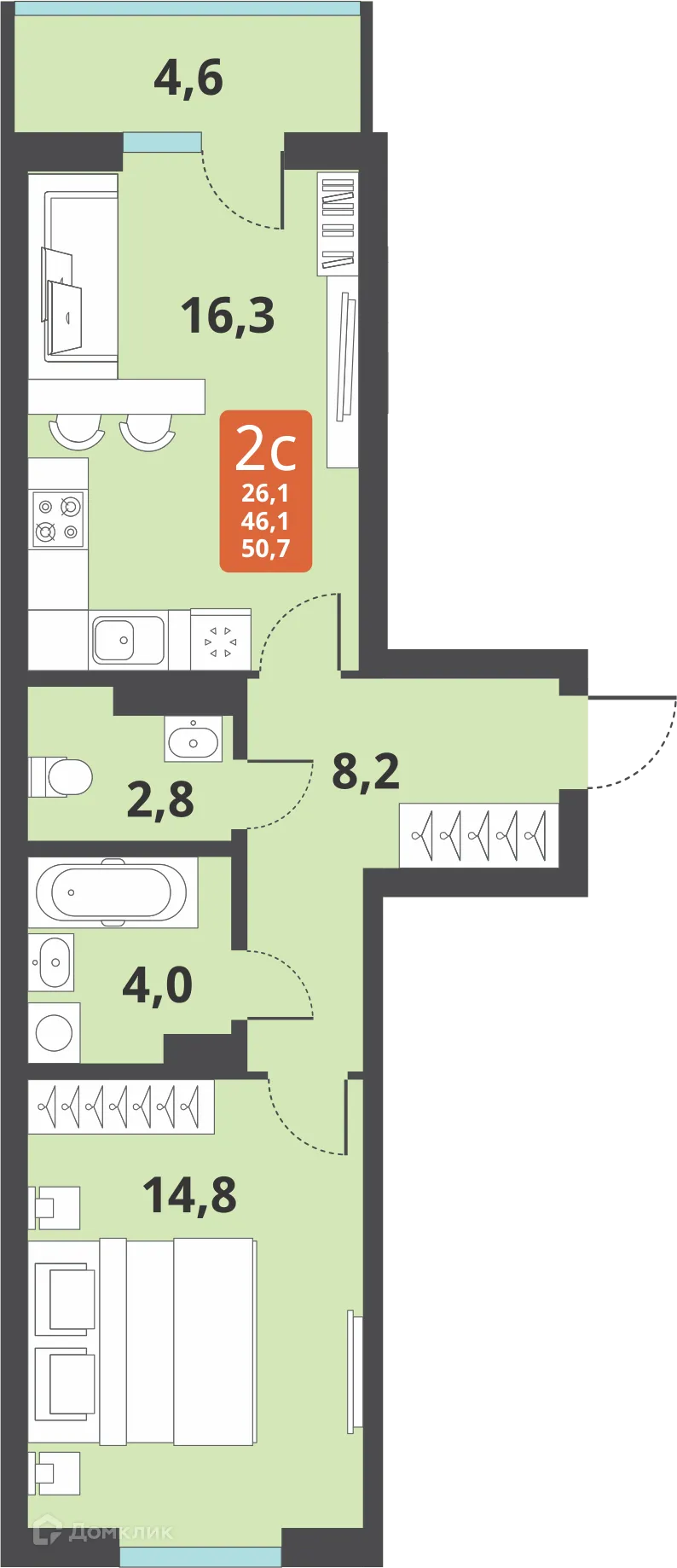 Планировка 2-комнатной квартиры 46.1 м² в ЖК Тайгинский парк, г. Новосибирск — фото 1