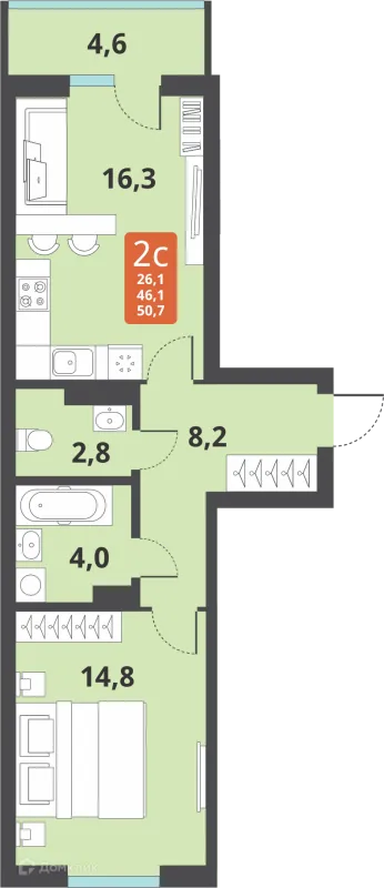 Планировка 2 комн. в ЖК Тайгинский парк
