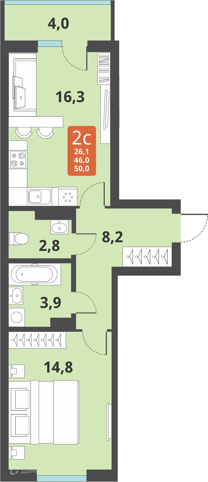 Планировка 2-комнатной квартиры 46 м² в ЖК Тайгинский парк, г. Новосибирск — фото 1