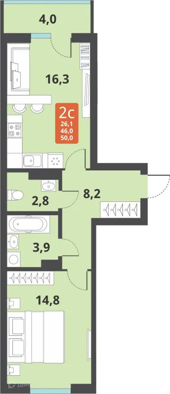 Планировка 2 комн. в ЖК Тайгинский парк