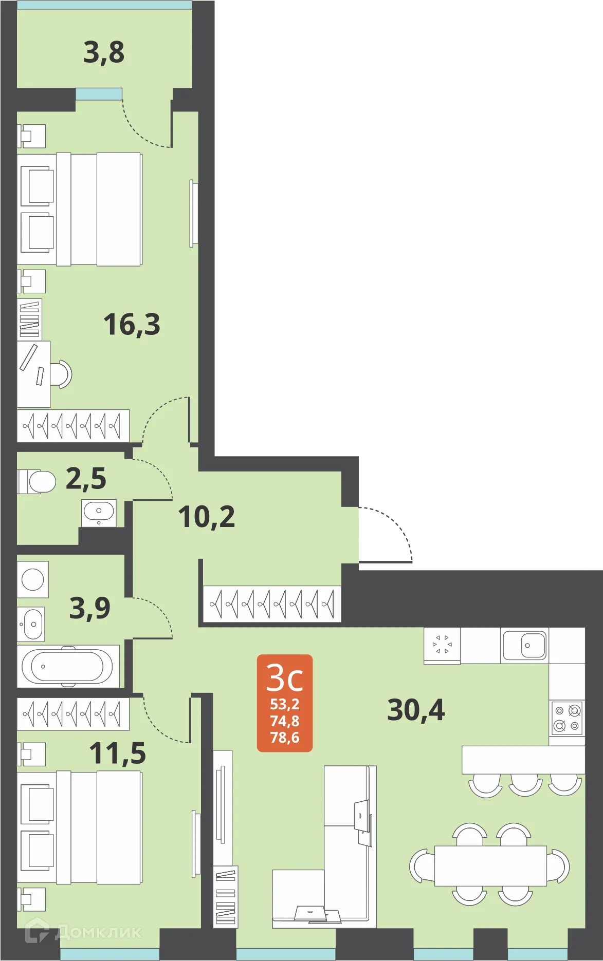 Планировка 3-комнатной квартиры 74.8 м² в ЖК Тайгинский парк, г. Новосибирск — фото 1