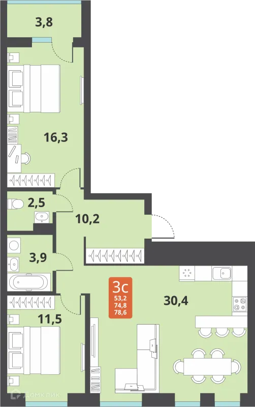 Планировка 3 комн. в ЖК Тайгинский парк