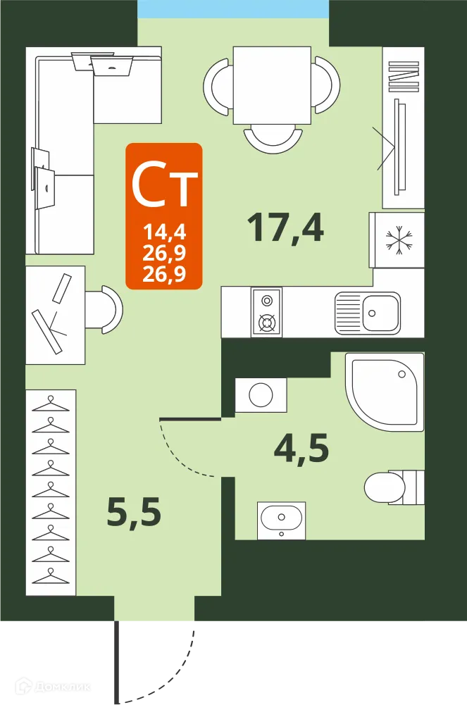 Планировка студии квартиры 26.9 м² в ЖК Тайгинский парк, г. Новосибирск — фото 1