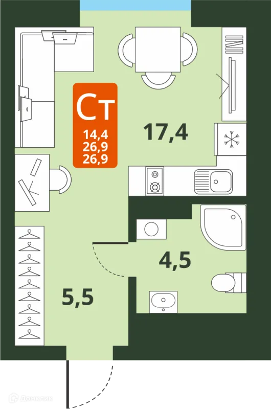 Планировка Студия в ЖК Тайгинский парк
