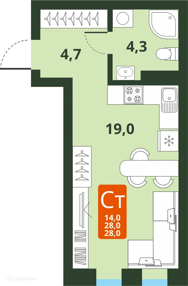Планировка студии квартиры 28 м² в ЖК Тайгинский парк, г. Новосибирск — фото 1