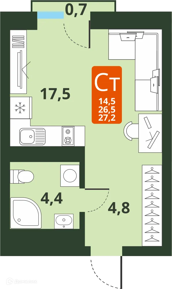 Планировка студии квартиры 26.5 м² в ЖК Тайгинский парк, г. Новосибирск — фото 1