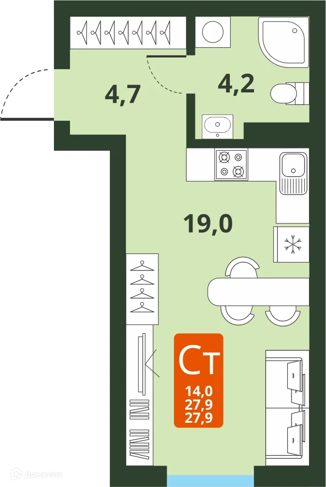 Планировка студии квартиры 27.9 м² в ЖК Тайгинский парк, г. Новосибирск — фото 1