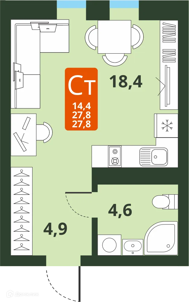 Планировка студии квартиры 27.8 м² в ЖК Тайгинский парк, г. Новосибирск — фото 1