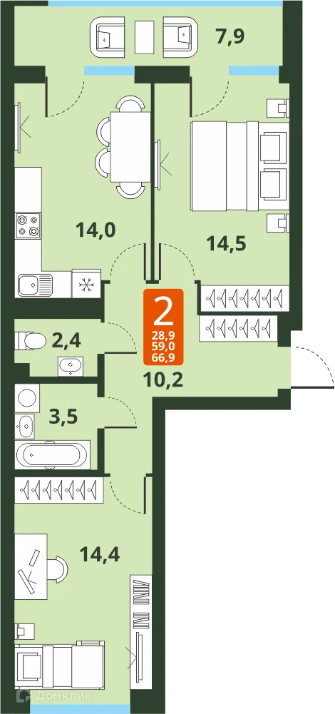 Планировка 2-комнатной квартиры 59 м² в ЖК Тайгинский парк, г. Новосибирск — фото 1