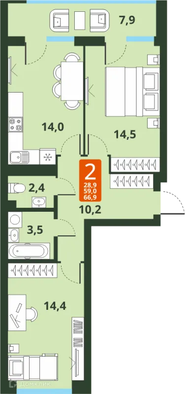 Планировка 2 комн. в ЖК Тайгинский парк