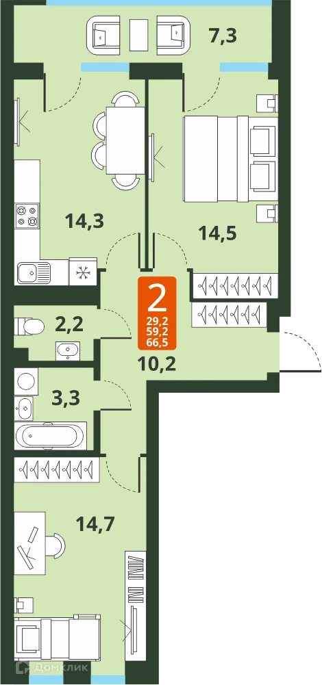 Планировка 2-комнатной квартиры 59.2 м² в ЖК Тайгинский парк, г. Новосибирск — фото 1