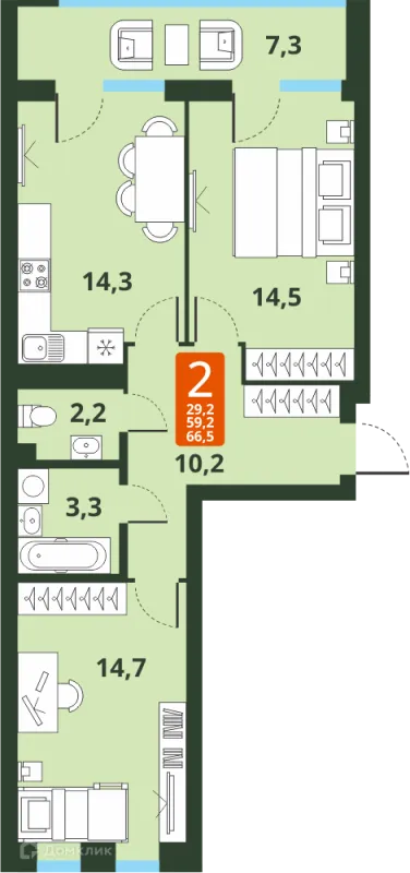 Планировка 2 комн. в ЖК Тайгинский парк