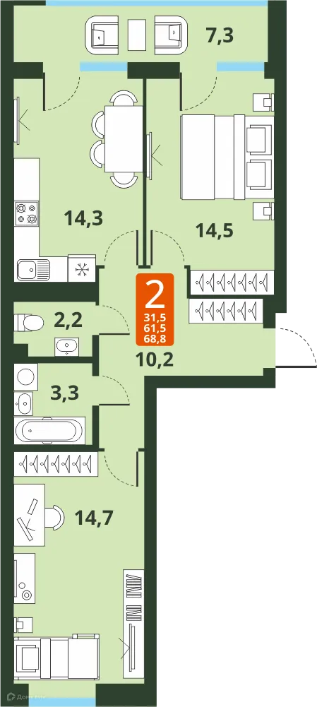 Планировка 2-комнатной квартиры 61.5 м² в ЖК Тайгинский парк, г. Новосибирск — фото 1