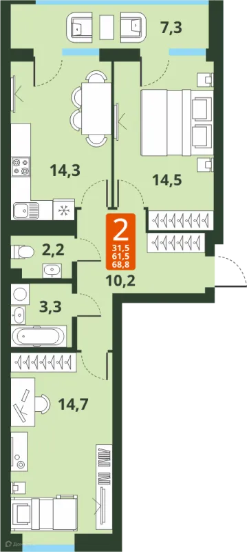 Планировка 2 комн. в ЖК Тайгинский парк