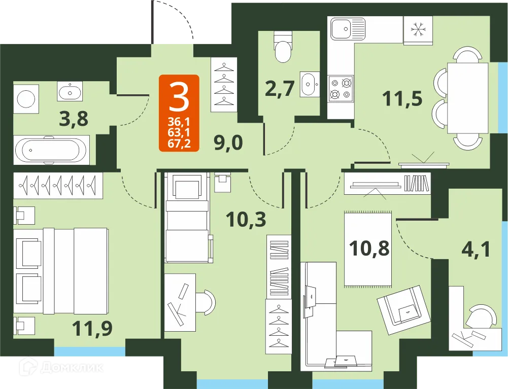 Планировка 3-комнатной квартиры 63.1 м² в ЖК Тайгинский парк, г. Новосибирск — фото 1