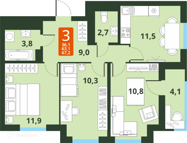 Планировка 3 комн. в ЖК Тайгинский парк