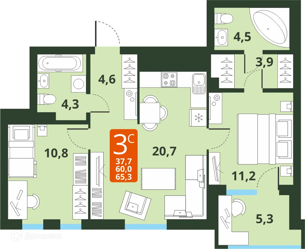 Планировка 3-комнатной квартиры 60 м² в ЖК Тайгинский парк, г. Новосибирск — фото 1