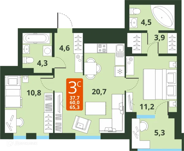 Планировка 3 комн. в ЖК Тайгинский парк