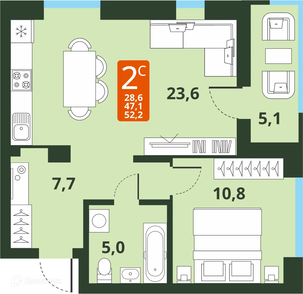 Планировка 2-комнатной квартиры 47.1 м² в ЖК Тайгинский парк, г. Новосибирск — фото 1
