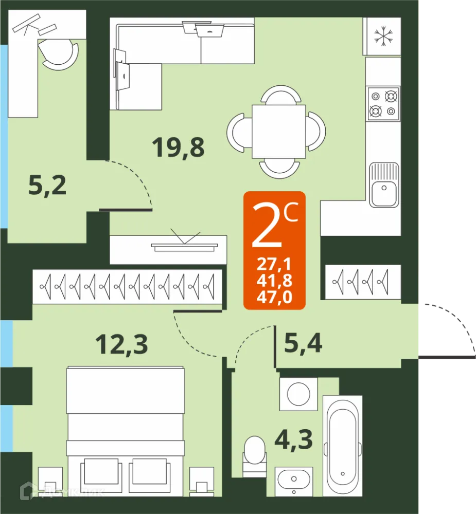Планировка 2-комнатной квартиры 41.8 м² в ЖК Тайгинский парк, г. Новосибирск — фото 1