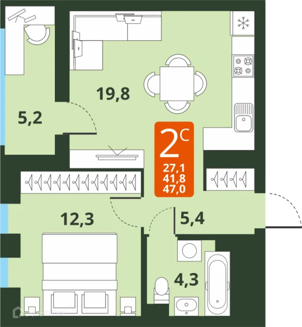 Планировка 2 комн. в ЖК Тайгинский парк