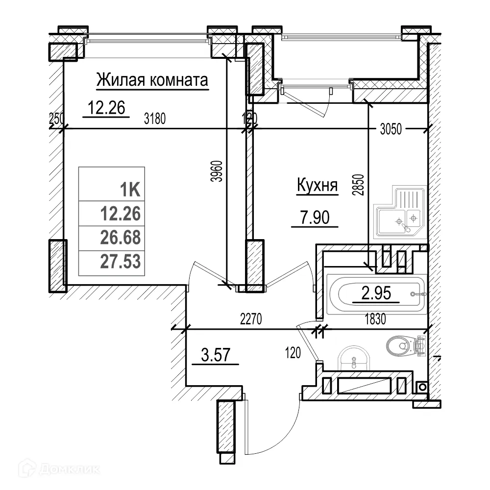 Планировка 1-комнатной квартиры 26.6 м² в ЖК Чернышевский, г. Новосибирск — фото 1