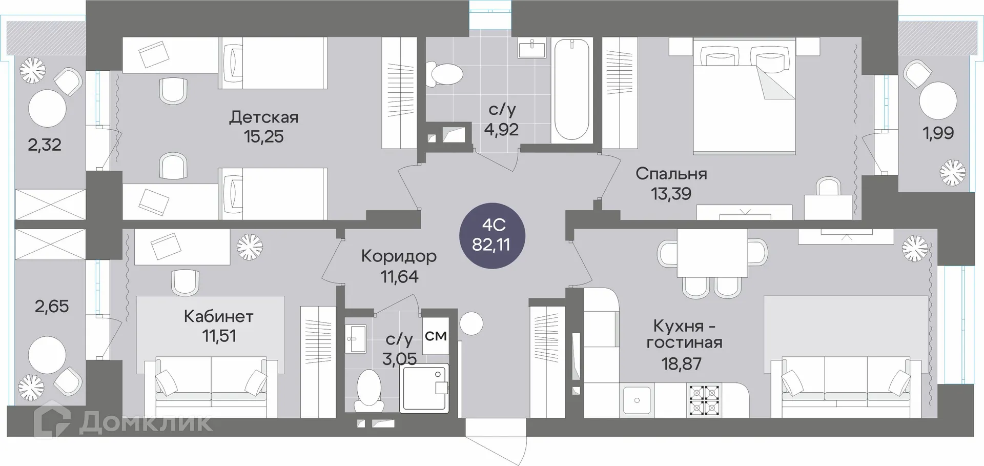 Планировка 4-комнатной квартиры 82.11 м² в ЖК Жилой дом по ул. Рубиновая, г. Новосибирск — фото 1