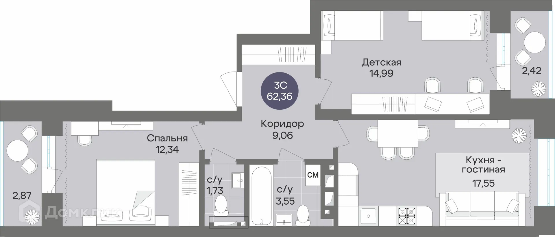 Планировка 3-комнатной квартиры 62.36 м² в ЖК Жилой дом по ул. Рубиновая, г. Новосибирск — фото 1