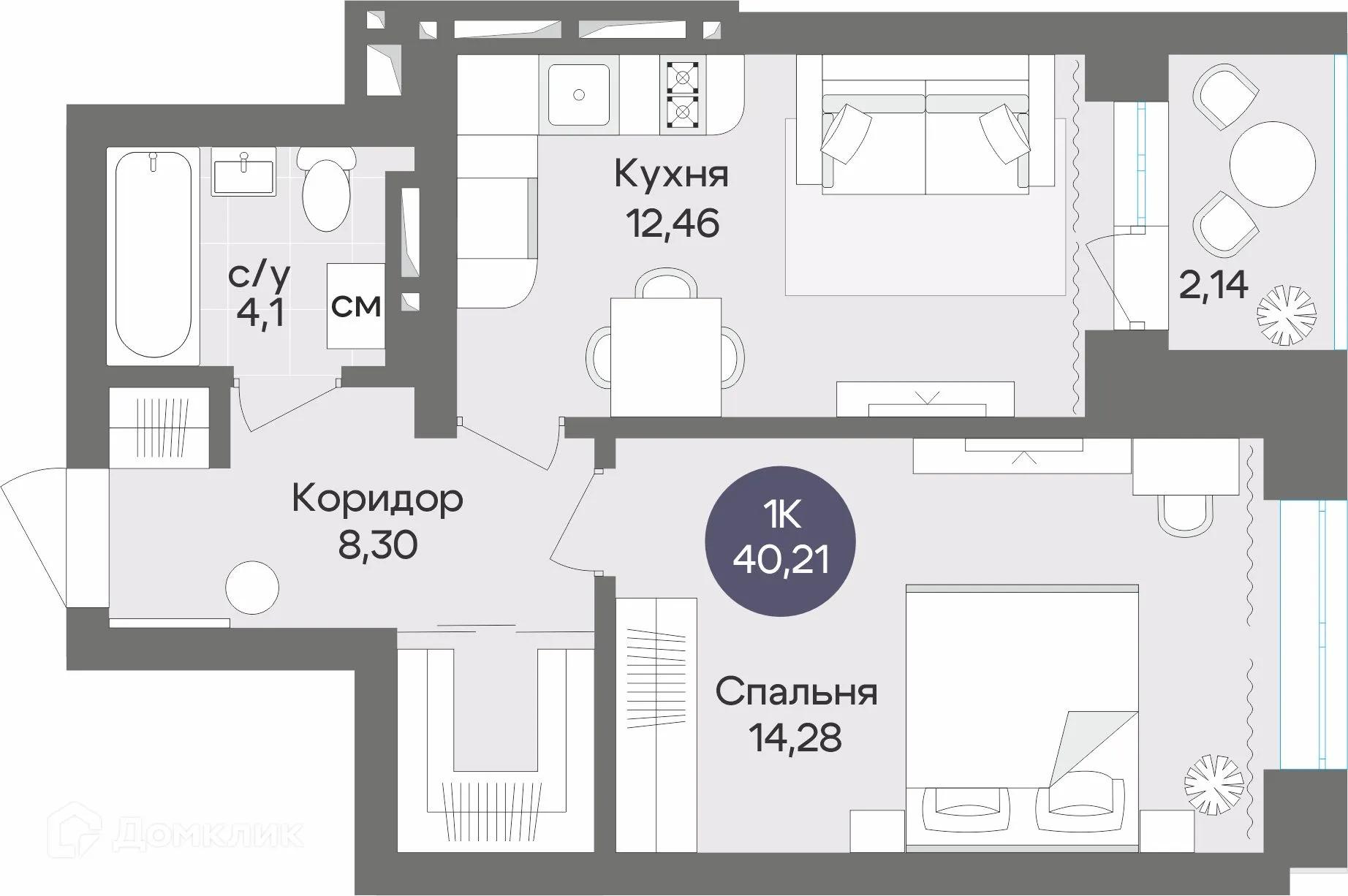 Планировка 1-комнатной квартиры 40.21 м² в ЖК Жилой дом по ул. Рубиновая, г. Новосибирск — фото 1