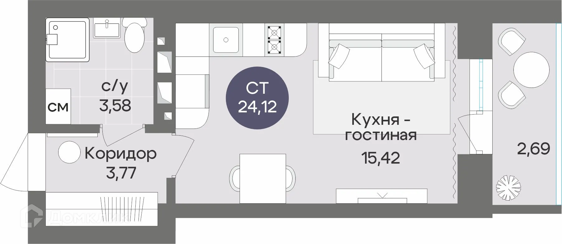 Планировка студии квартиры 24.12 м² в ЖК Жилой дом по ул. Рубиновая, г. Новосибирск — фото 1