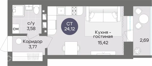 Планировка Студия в ЖК Жилой дом по ул. Рубиновая